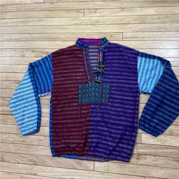 Boho Surfer Beach Sweater Adult L Tribal Beach Knit Aqua ColorBlock Pullover M/L - Picture 13 of 16